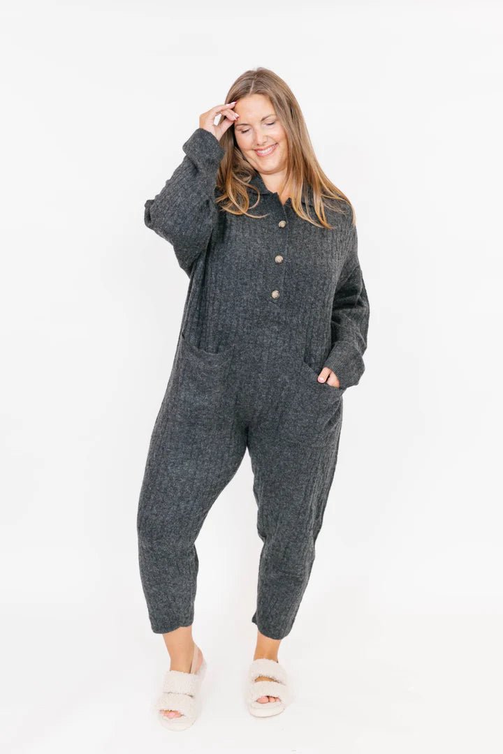 Florence Cable Knit Jumpsuit - Dark Charcoal - The Daisy Chain