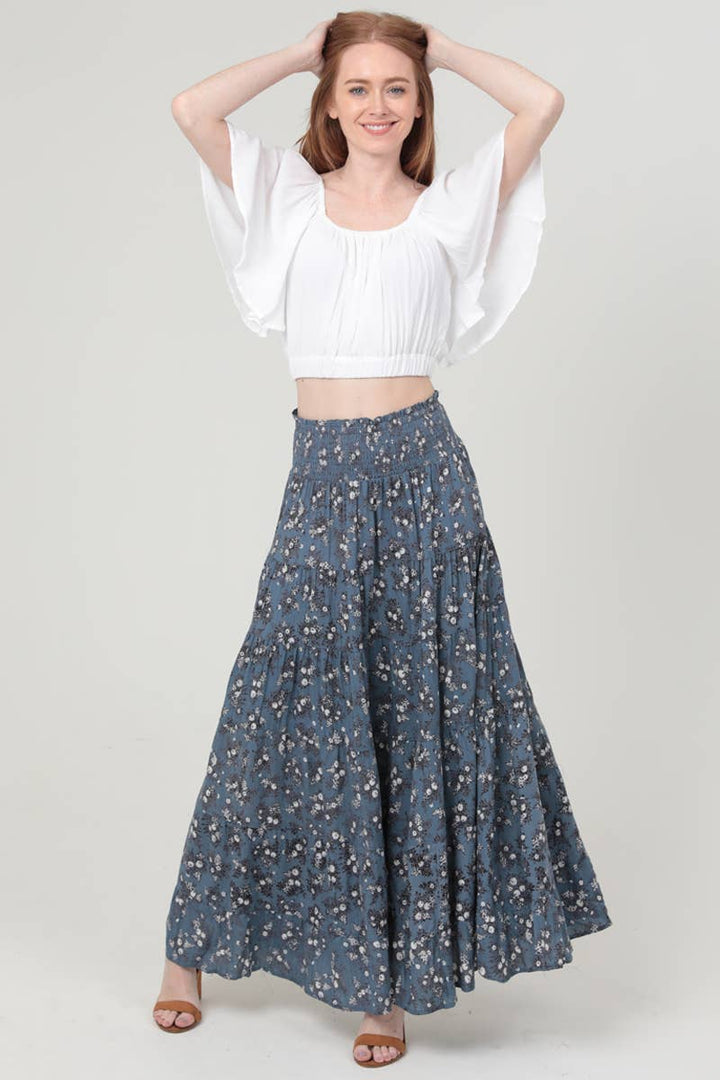 Tiered Boho Skirt - Blue Floral - The Daisy Chain