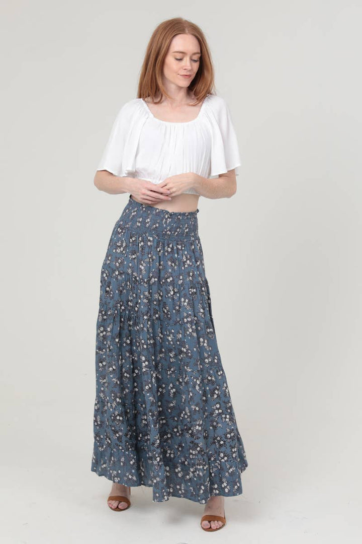 Tiered Boho Skirt - Blue Floral - The Daisy Chain
