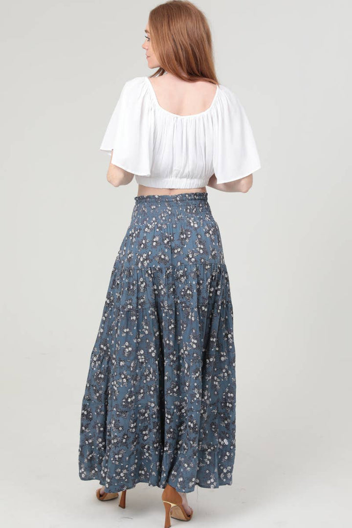 Tiered Boho Skirt - Blue Floral - The Daisy Chain