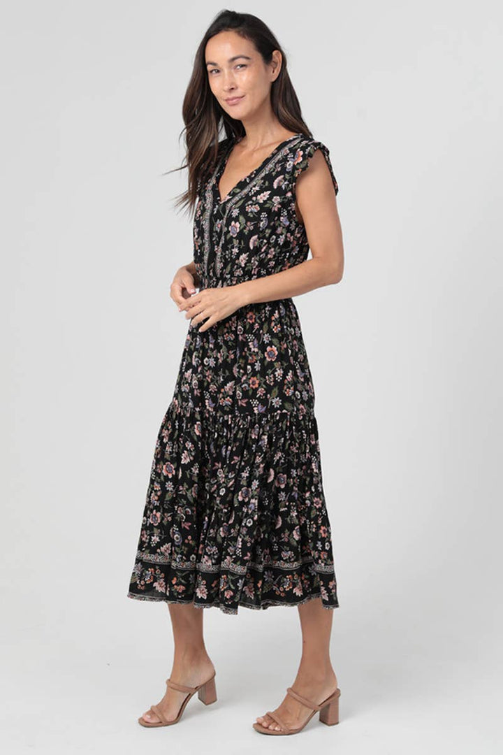 Spring Floral Midi Dress - Black