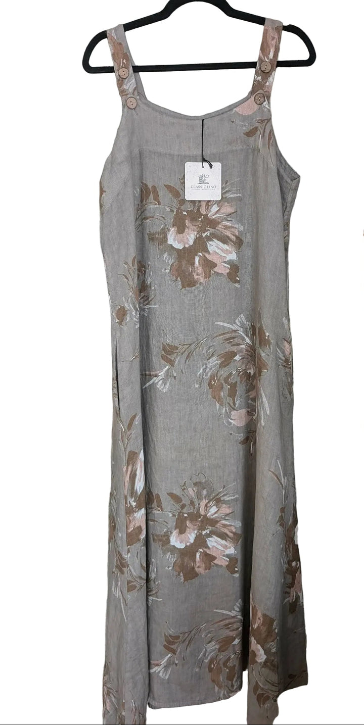 Floral Print Linen Maxi: Khaki
