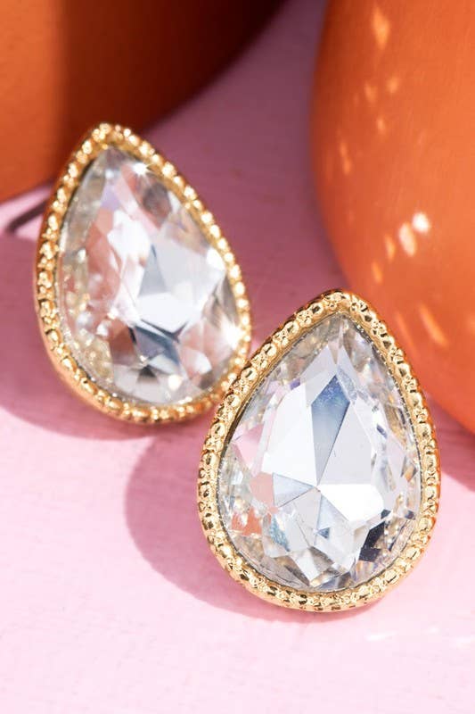 Glass Teardrop Studs- Crystal