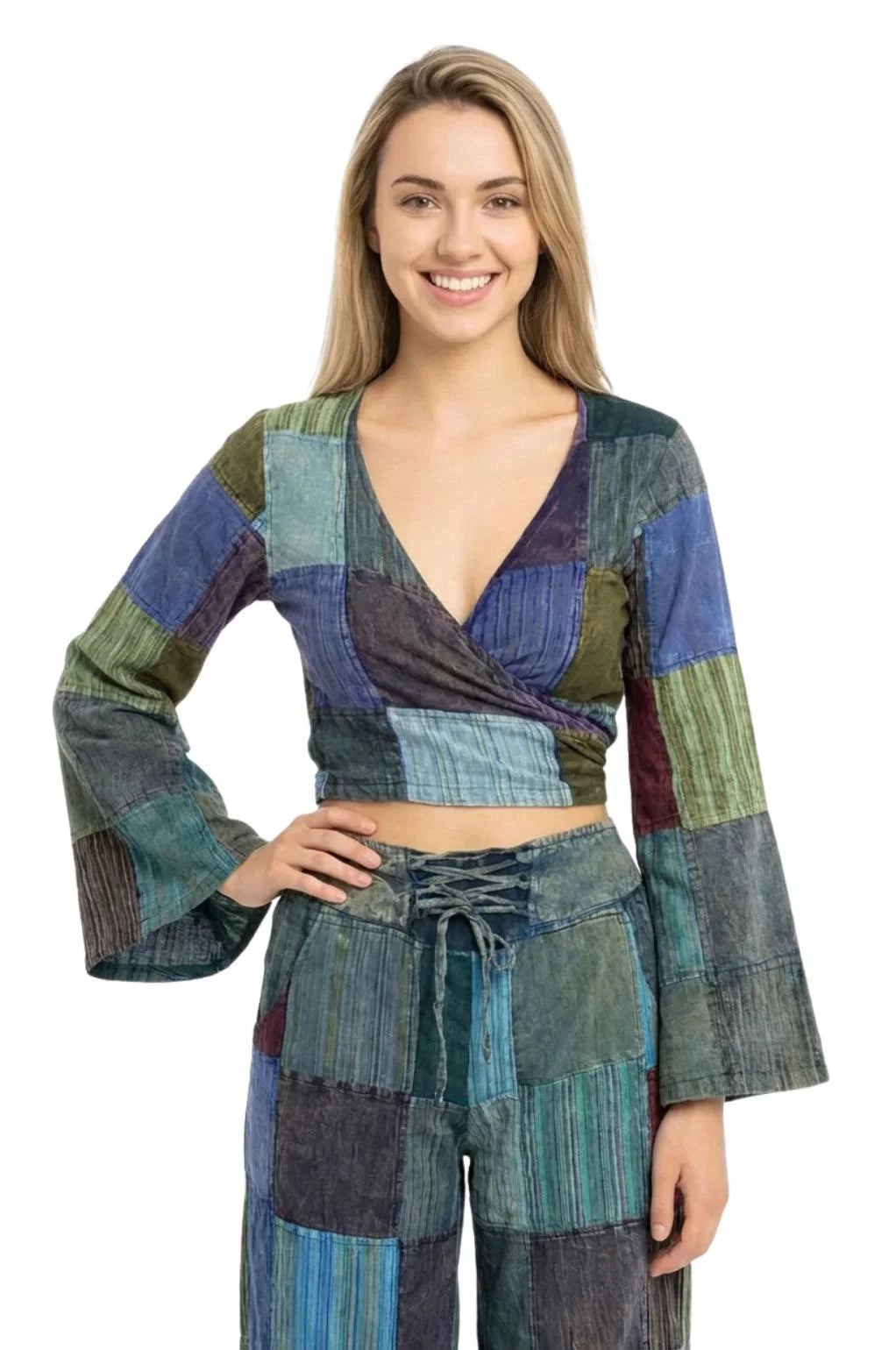 Patchwork Wrap Top - Teal Combo