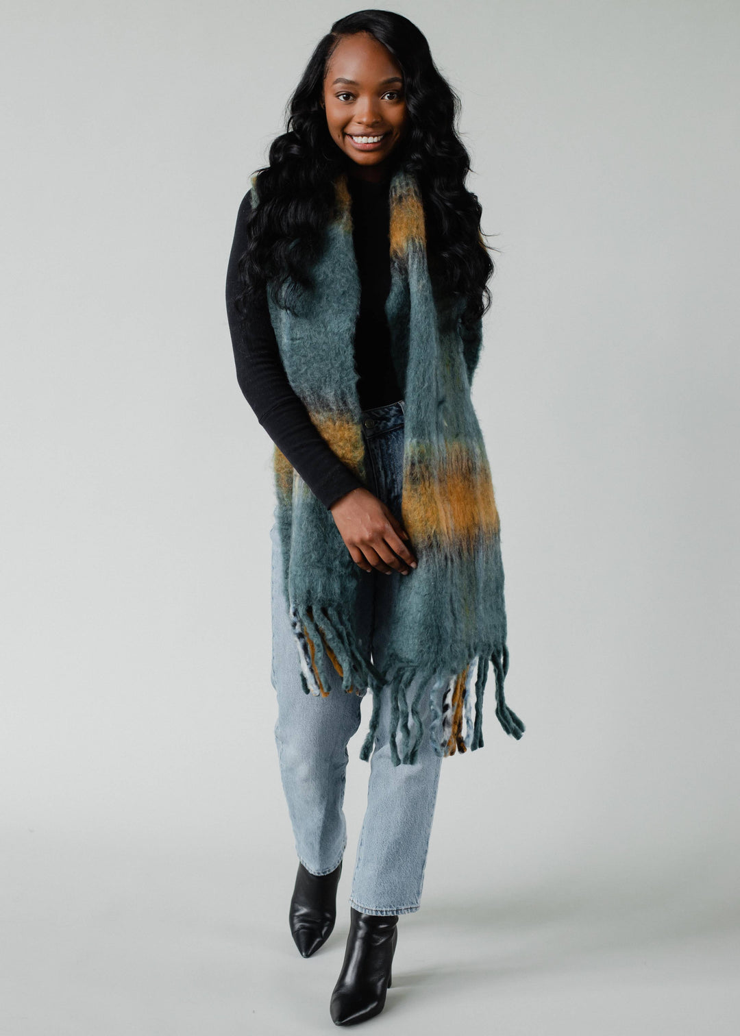 Teal & Mustard Plaid Long Scarf with Fringe