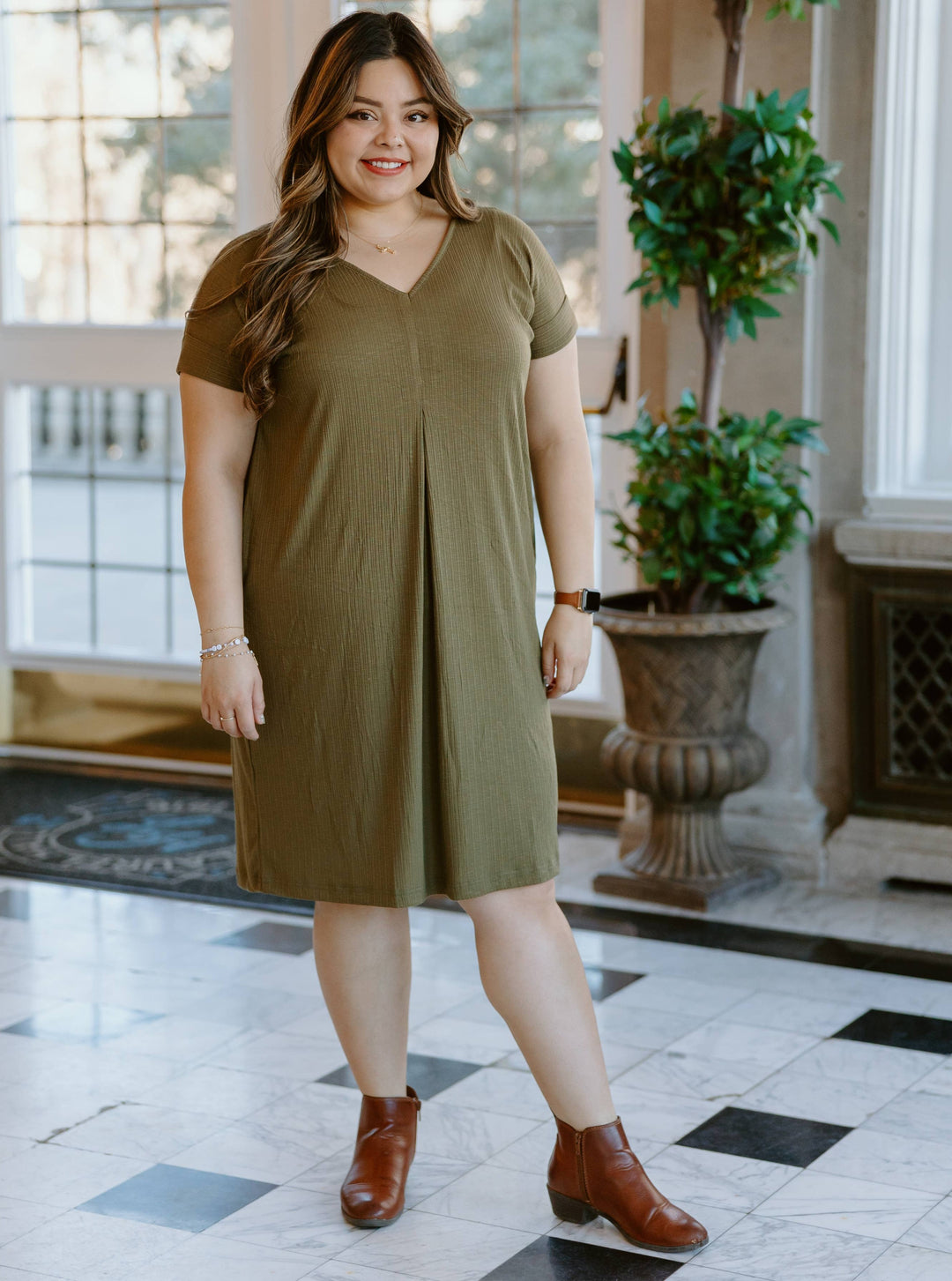 Olive Ribbed Tee Dress