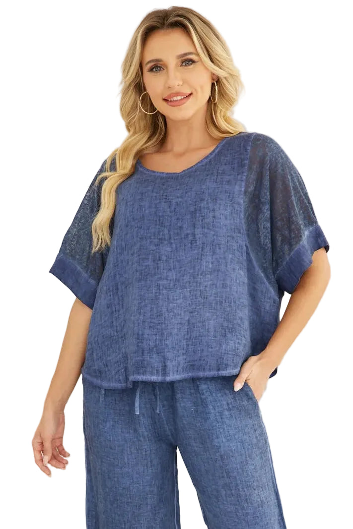 Relaxed Linen Tee- Denim Blue