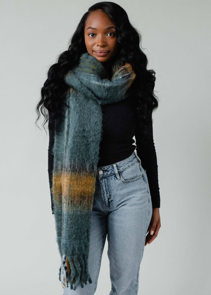 Teal & Mustard Plaid Long Scarf with Fringe