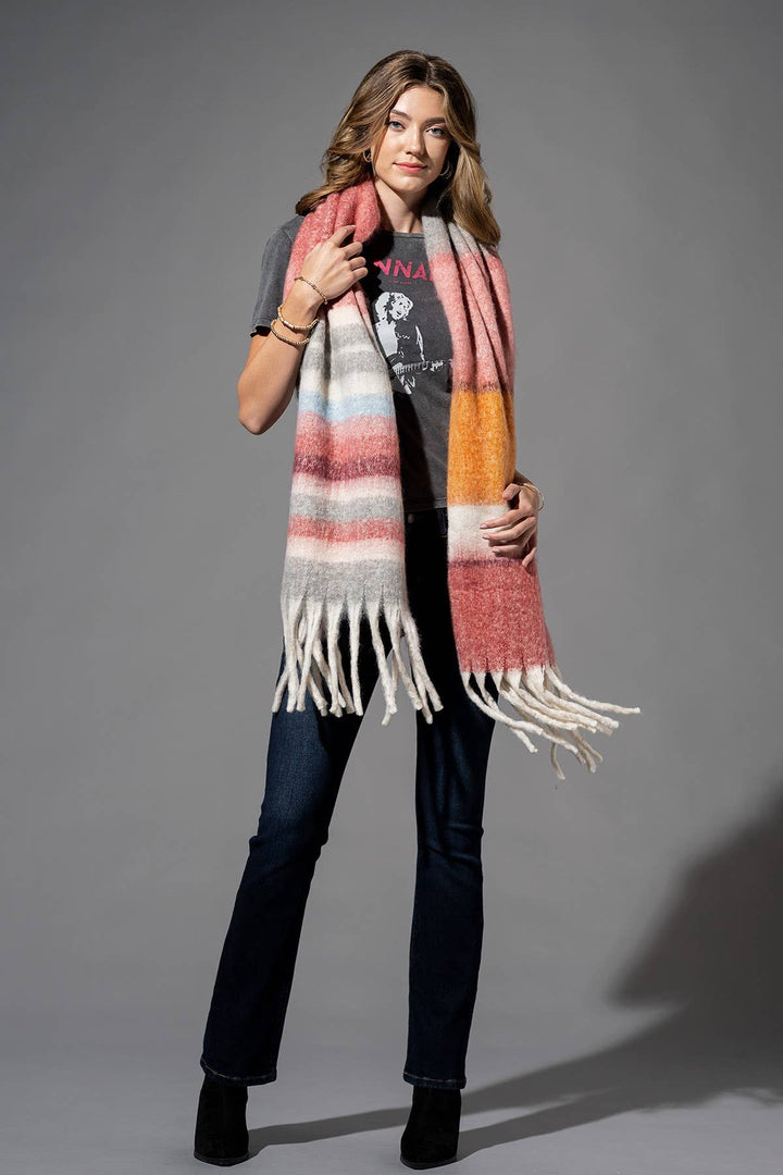 Wide Brushed Scarf - Coral Stripe