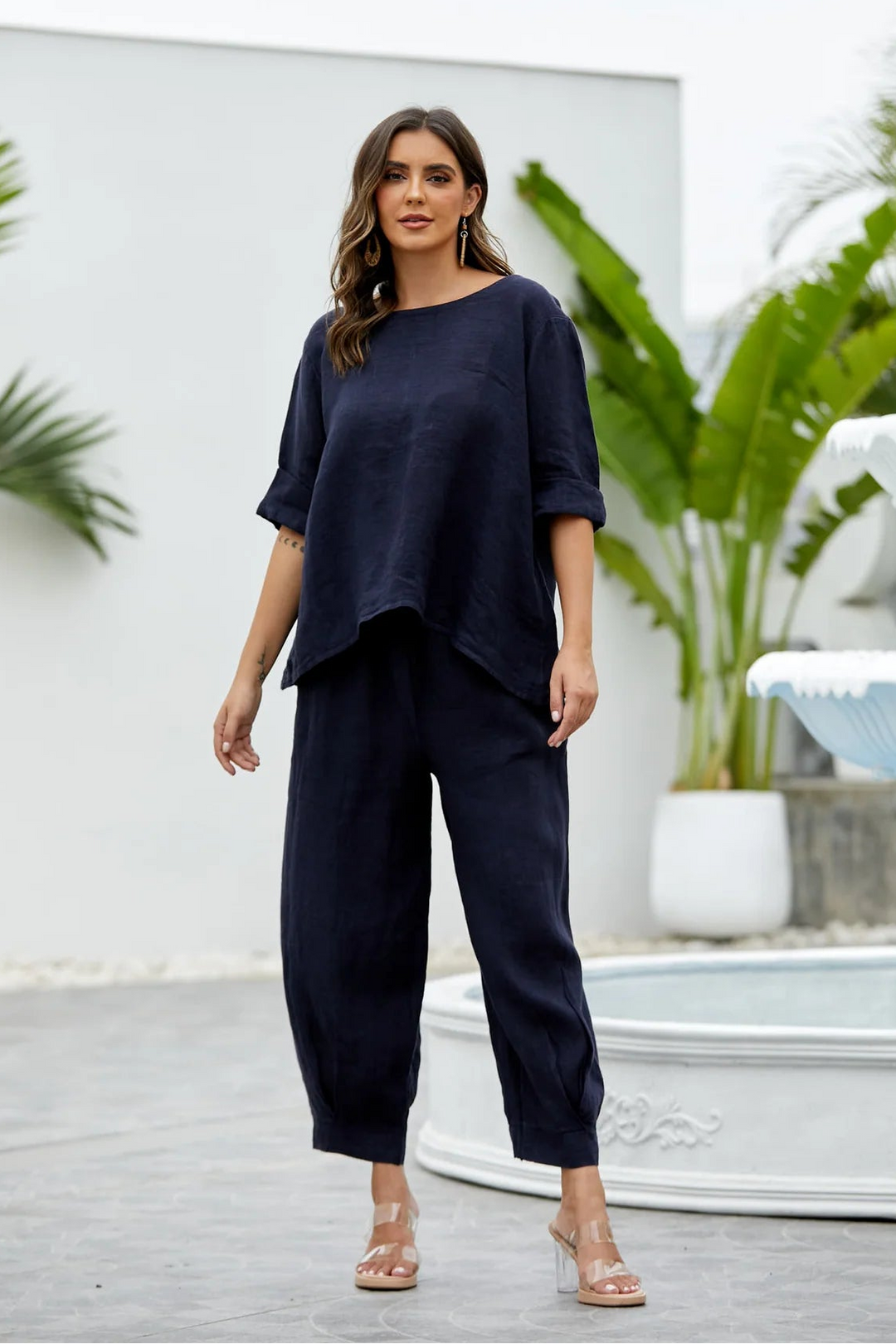 Linen Barrel Pants - Navy