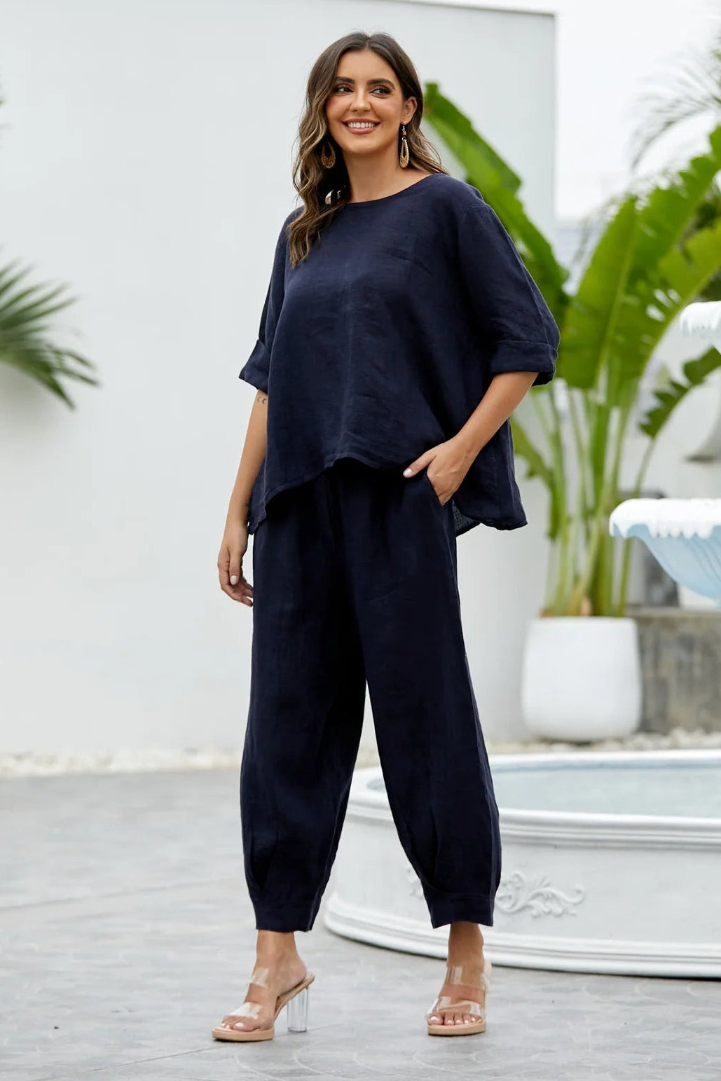 Linen Barrel Pants - Navy