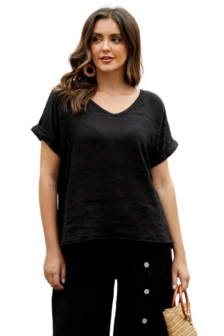 Linen V-Neck Tee- Black
