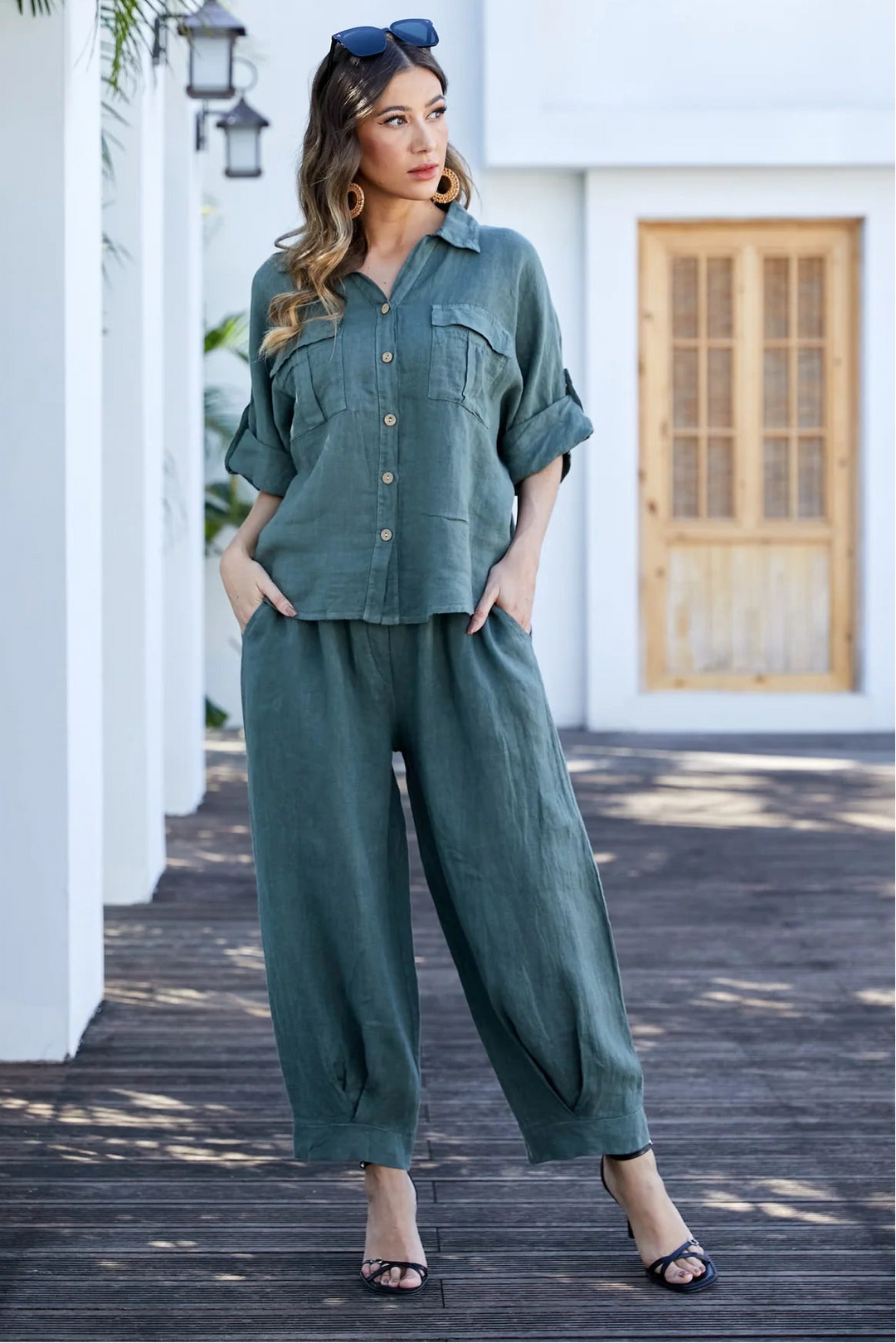Linen Barrel Pants - Military
