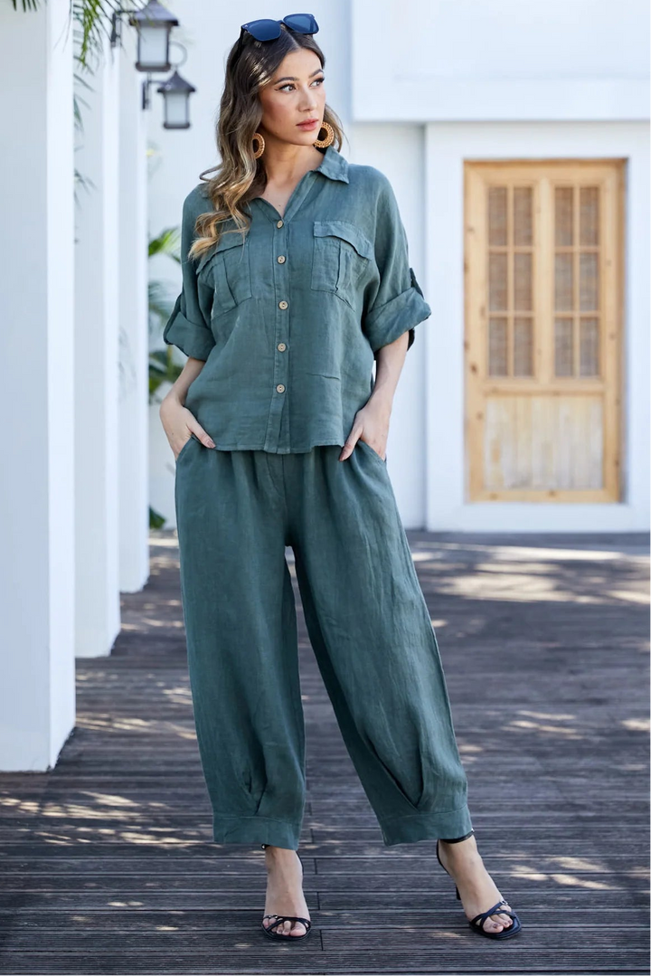 Linen Barrel Pants - Military
