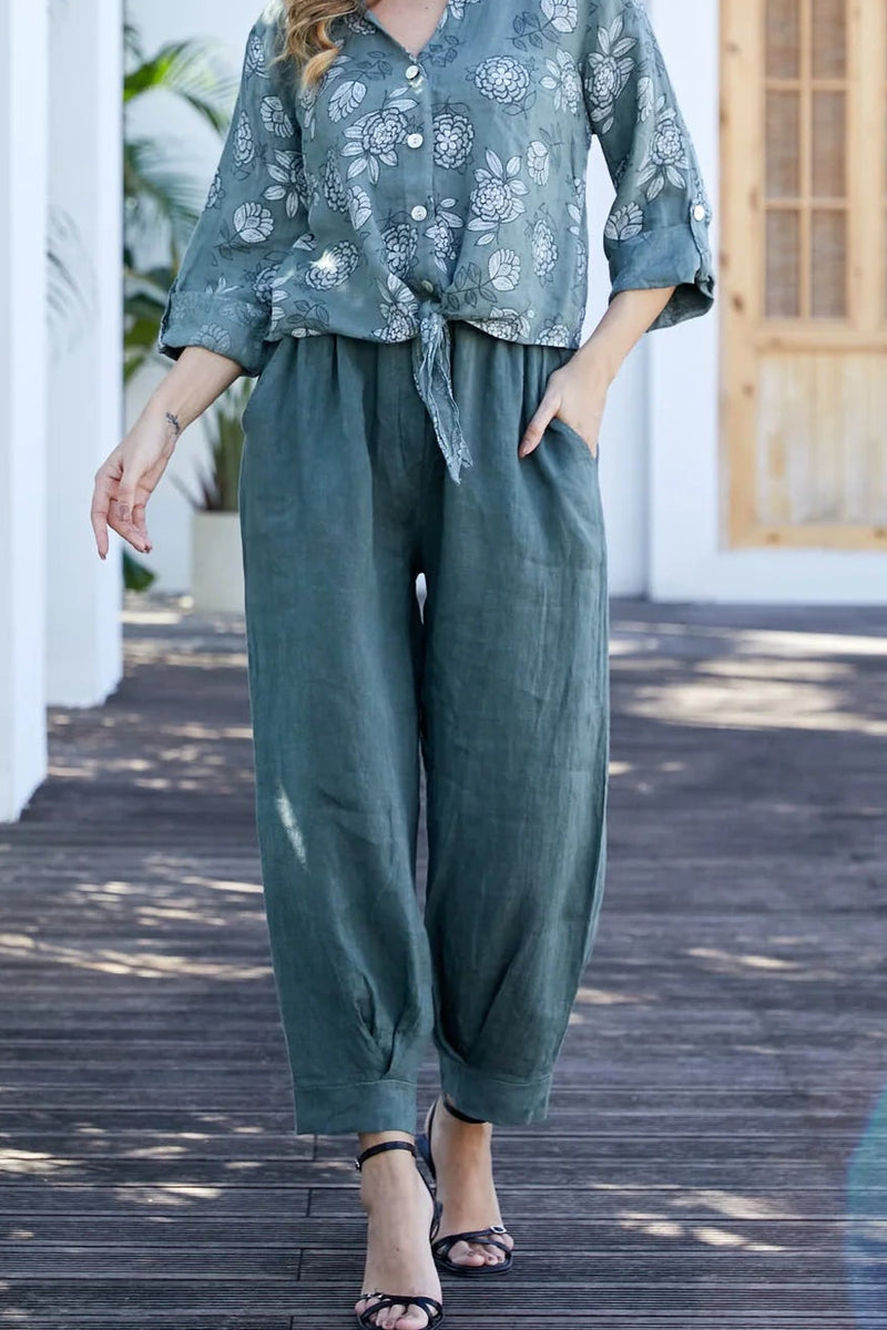 Linen Barrel Pants - Military