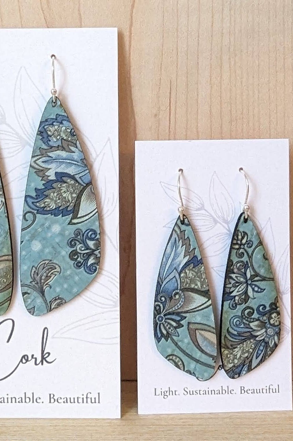 Small Wing Cork Earring- Blue Paisley