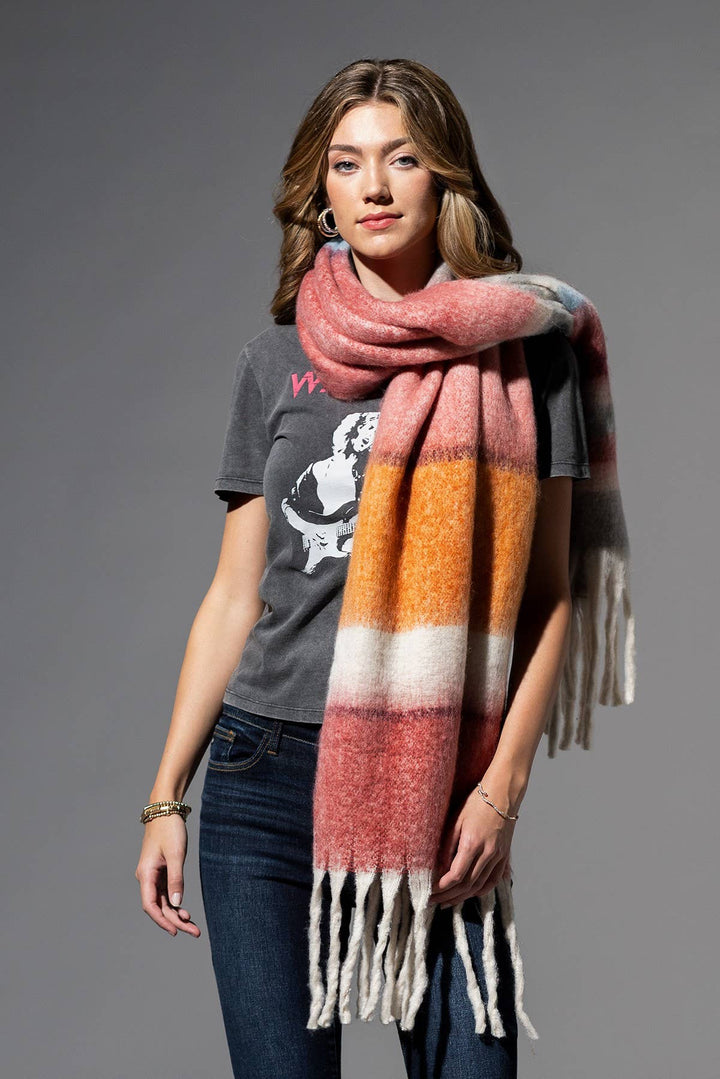 Wide Brushed Scarf - Coral Stripe