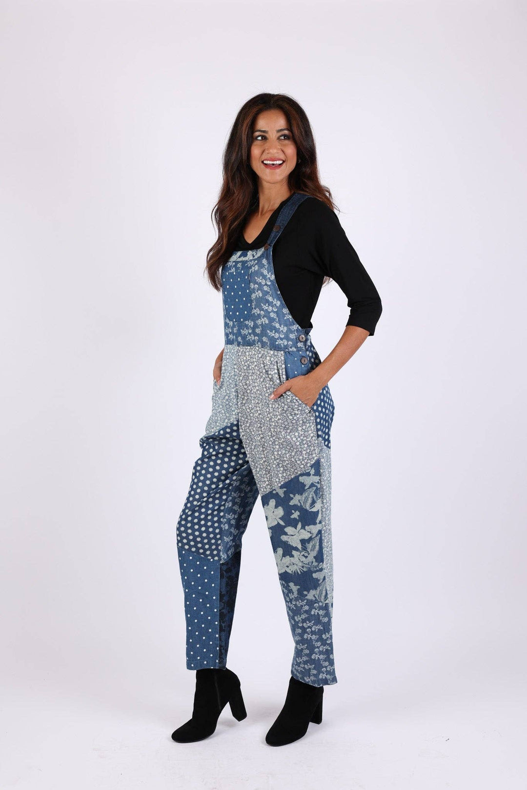 Denim Patchwork Print Overalls