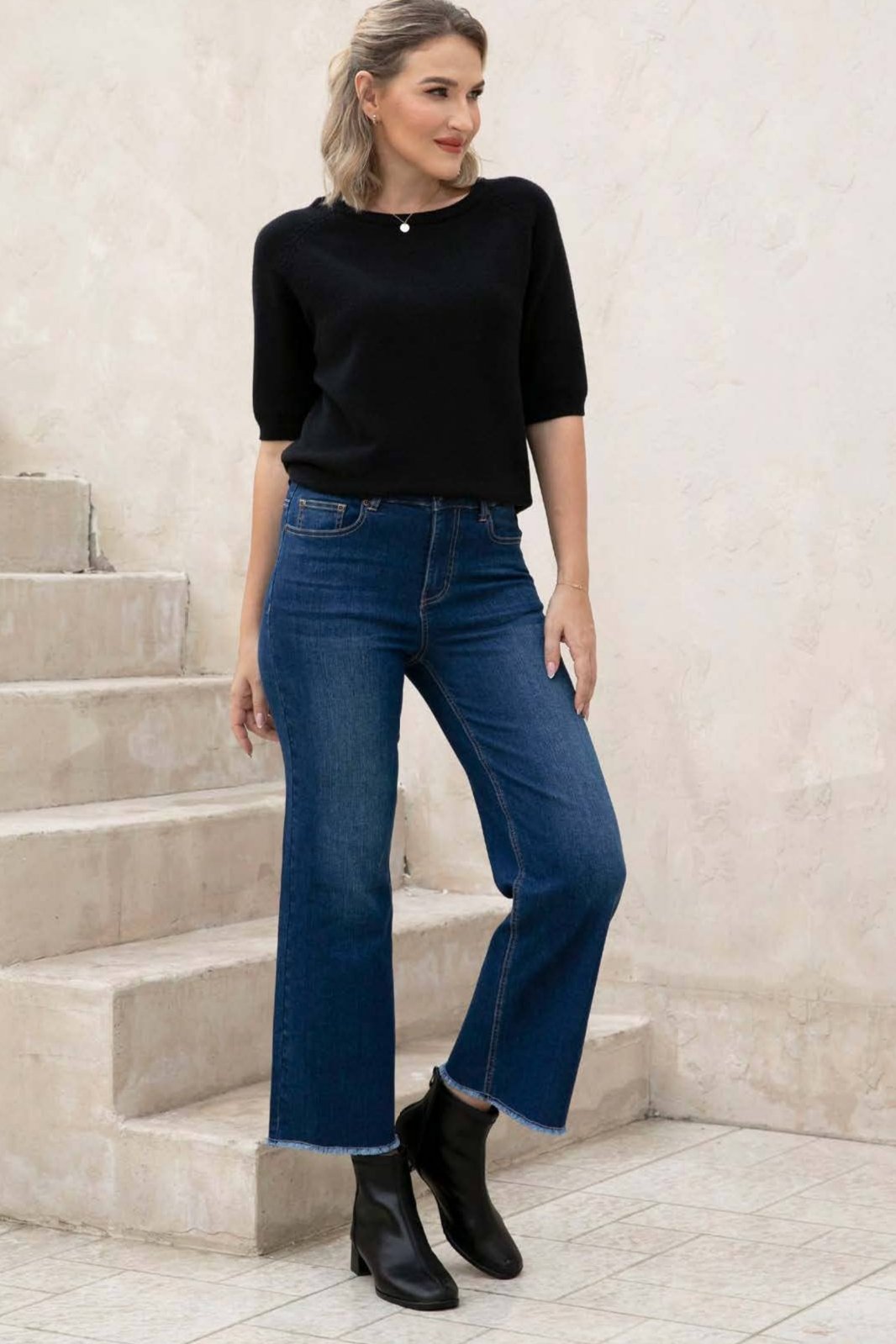 Wide Leg Jeans w/ Fringe - Dark Wash