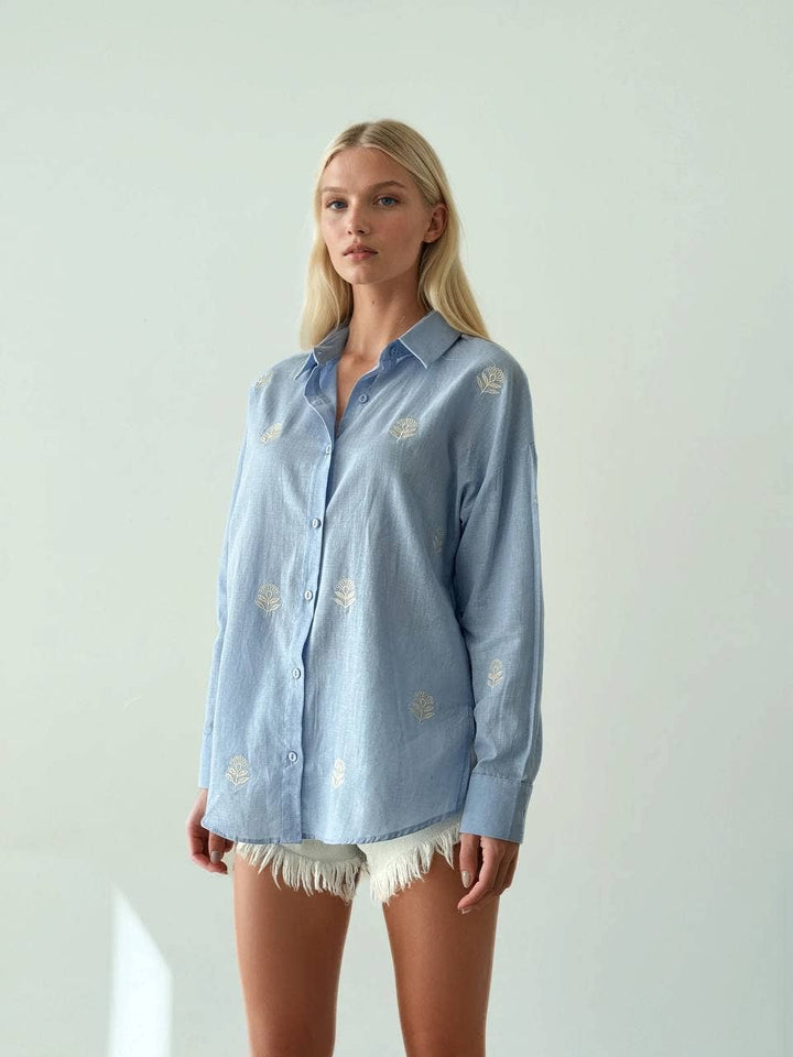 Embroidered Floral Blouse - Blue