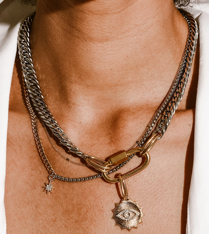 Carabiner + Evil Eye Charm Stainless Steel Necklace