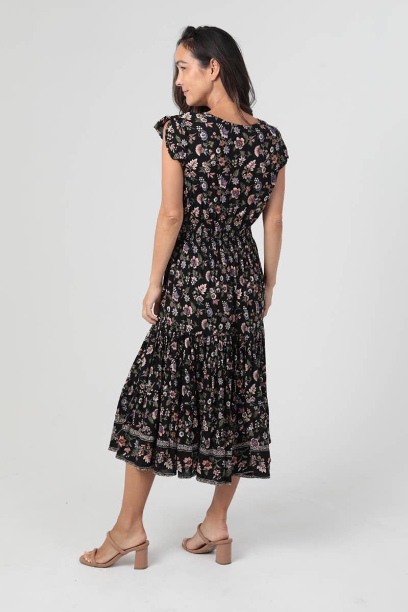 Spring Floral Midi Dress - Black