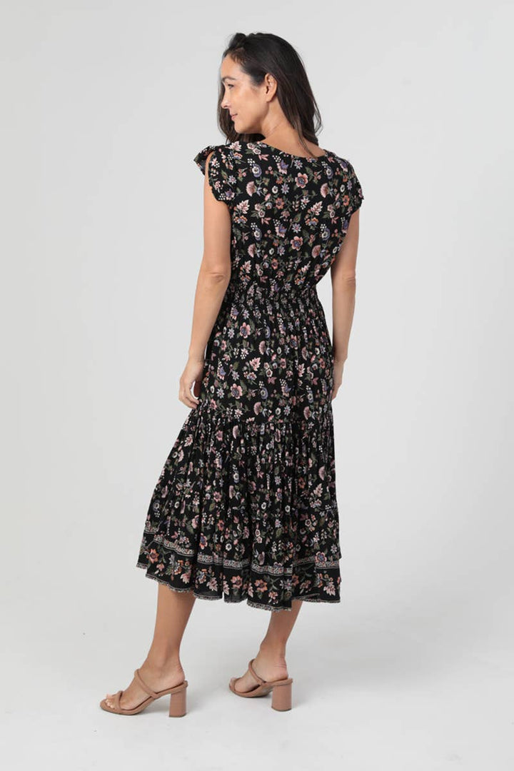Spring Floral Midi Dress - Black