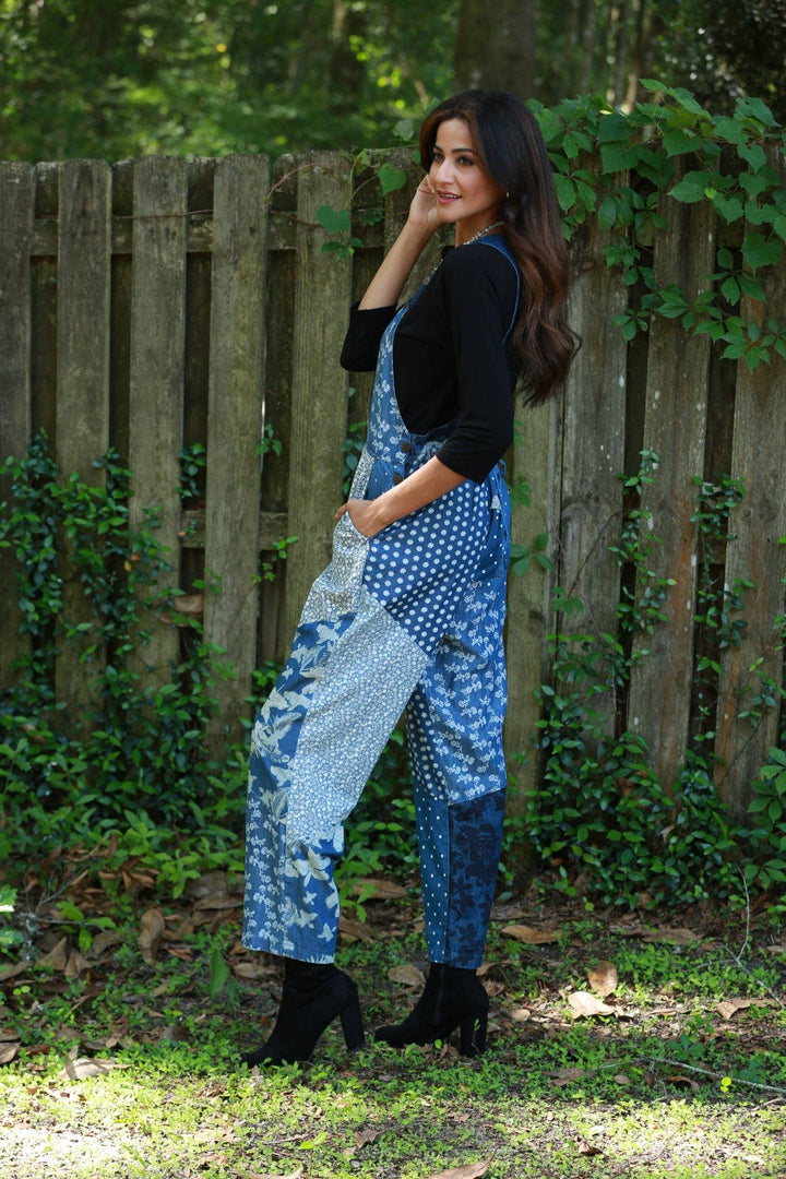 Denim Patchwork Print Overalls