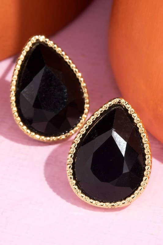 Glass Teardrop Studs- Black Crystal