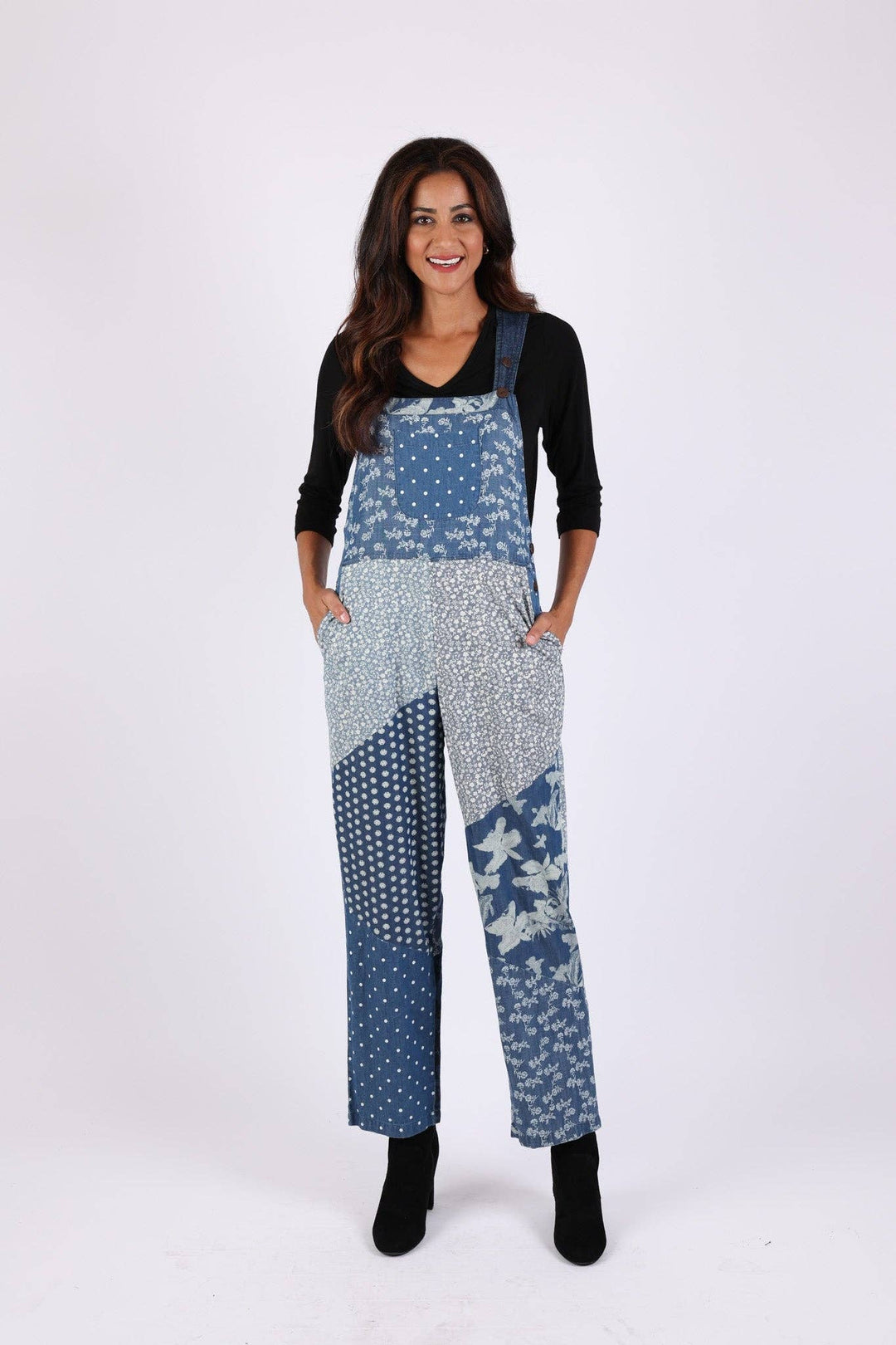 Denim Patchwork Print Overalls