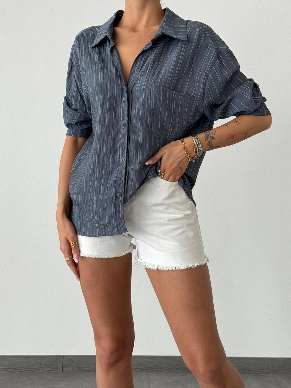 Crinkle Pinstripe Shirt: Baby Blue