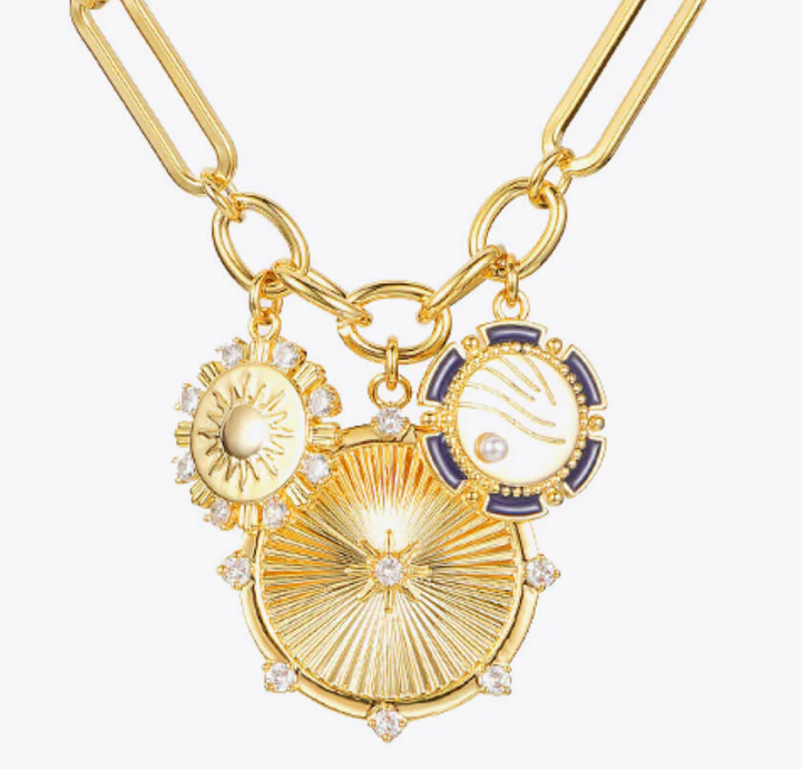 8 Point Wheel Medallion & Sun Charm Necklace 