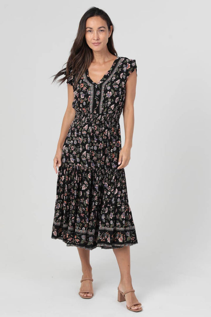 Spring Floral Midi Dress - Black
