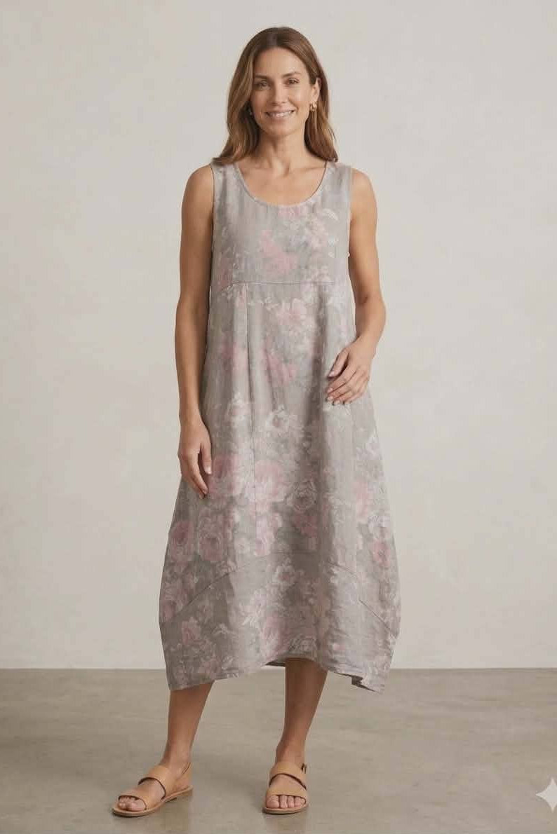 Linen Floral Midi  Dress - Taupe