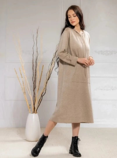 Hooded Sweater Dress- Beige