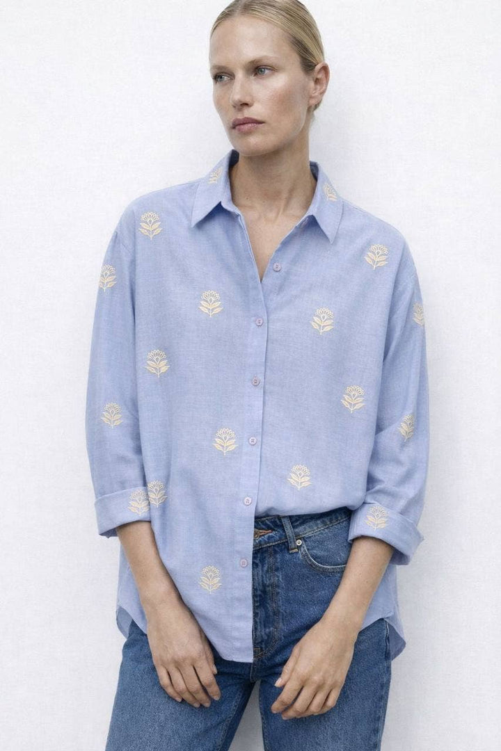 Embroidered Floral Blouse - Blue