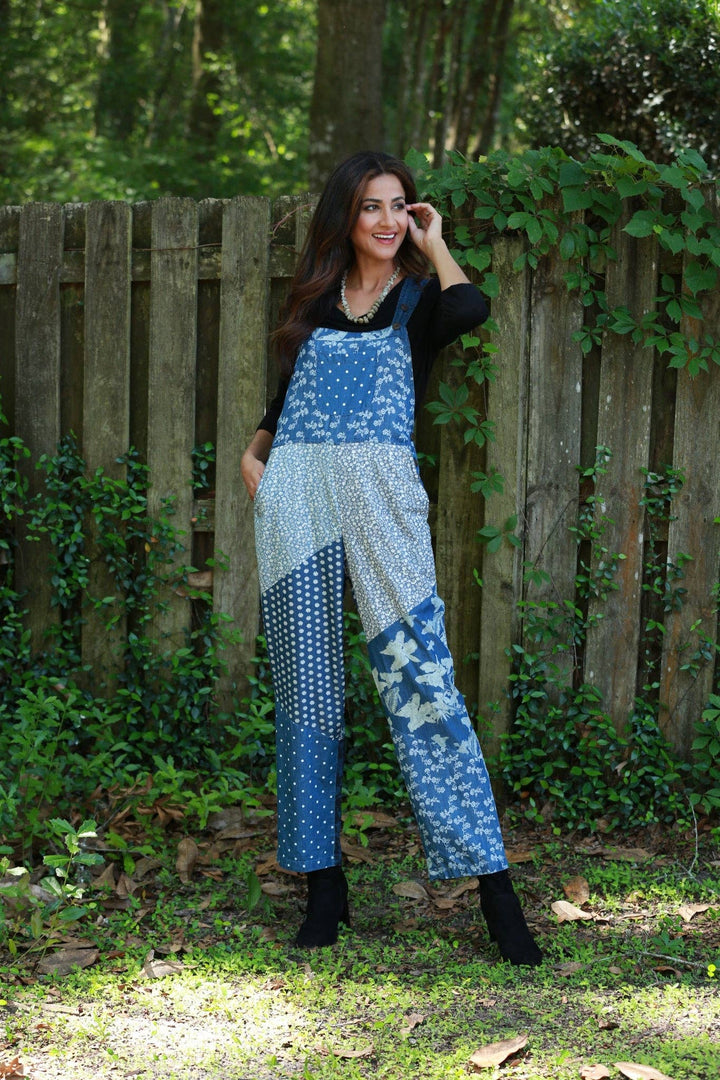Denim Patchwork Print Overalls