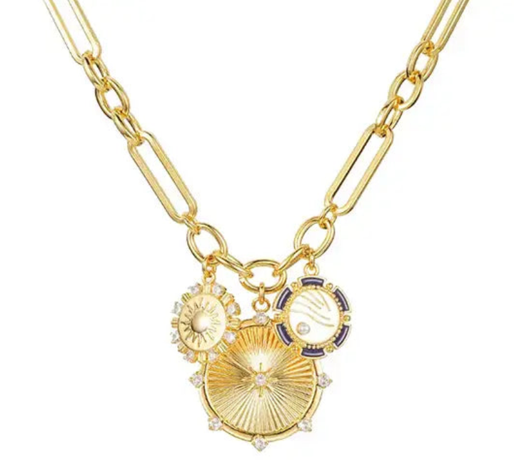 8 Point Wheel Medallion & Sun Charm Necklace 