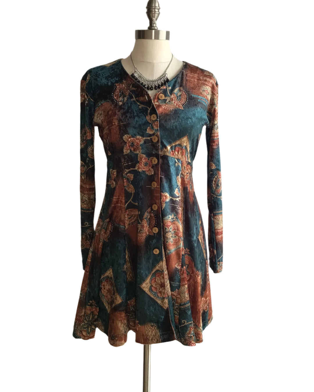 Velvet Patterned Buttons Up Dress