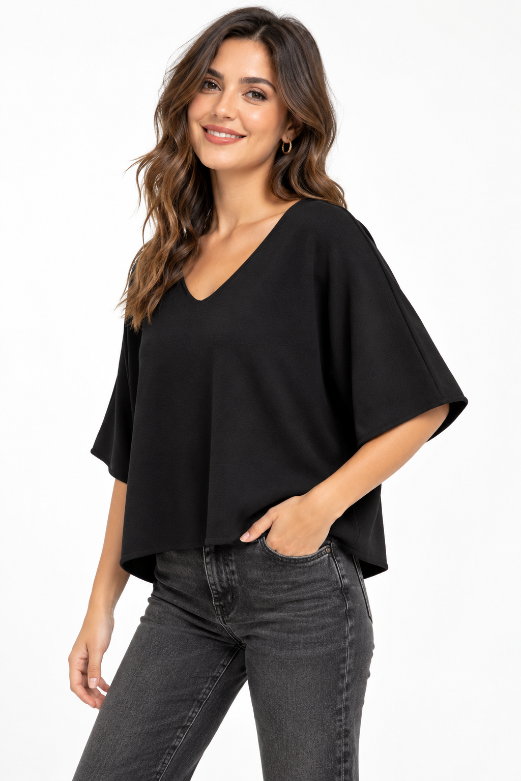 Wide Cut V-Neck: Black