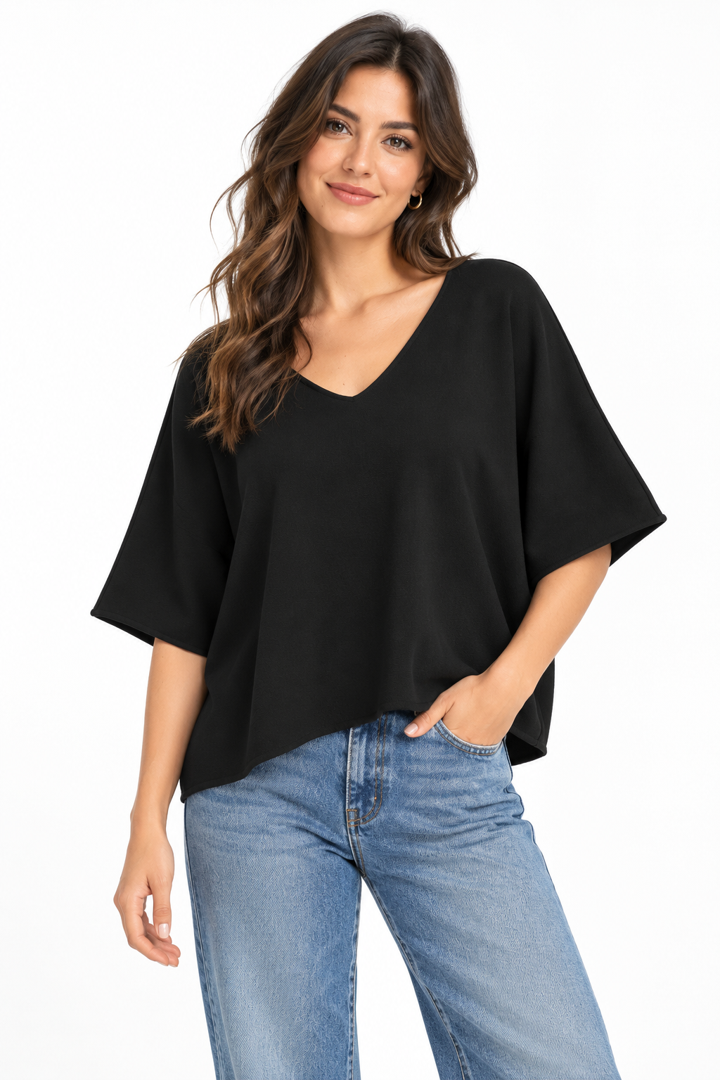 Wide Cut V-Neck: Black