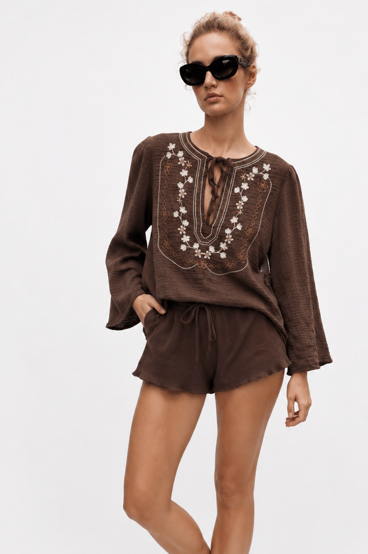 Boho Embroidered Blouse: Chocolate Brown
