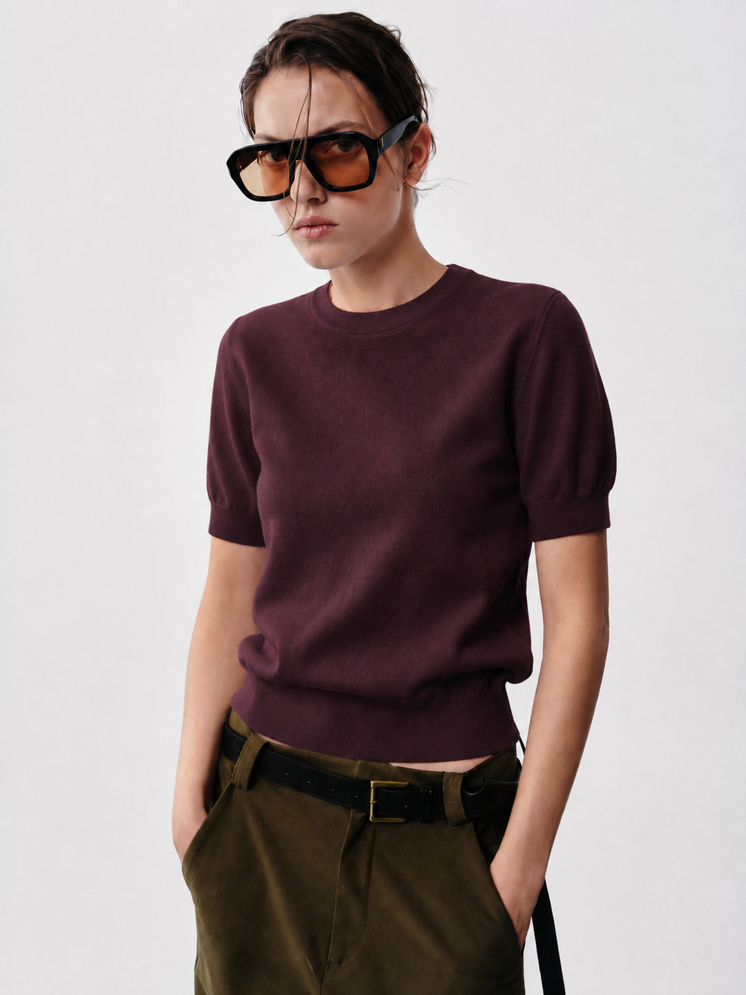Short Sleeve Crewneck Sweater: Plum