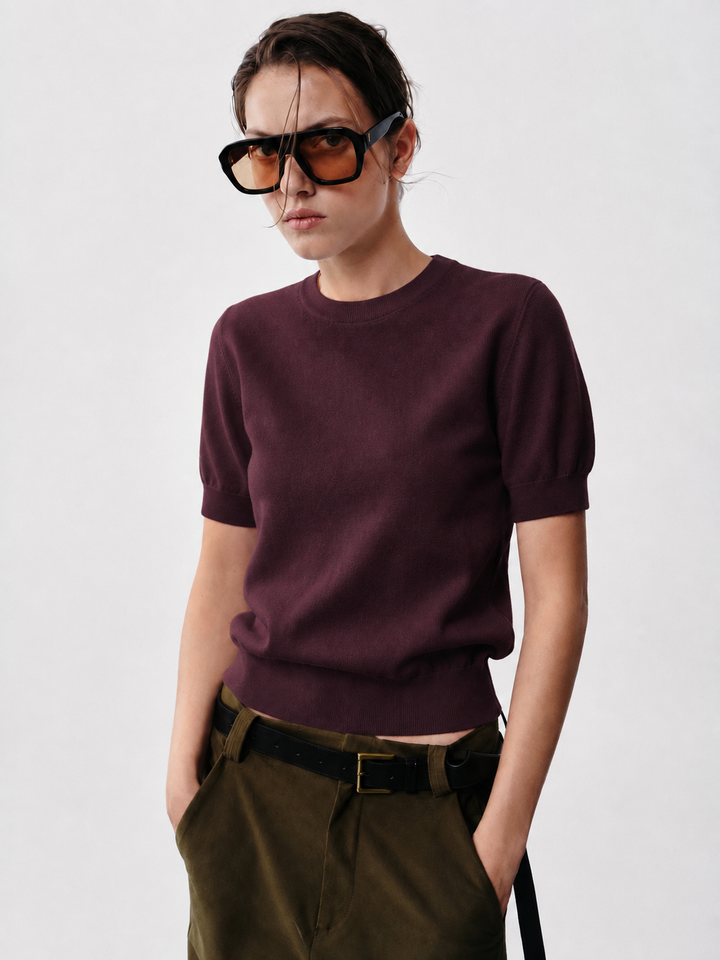 Short Sleeve Crewneck Sweater: Plum