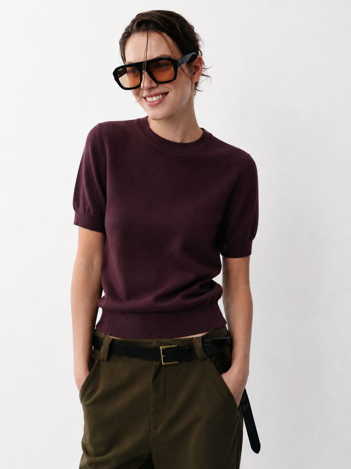 Short Sleeve Crewneck Sweater: Plum