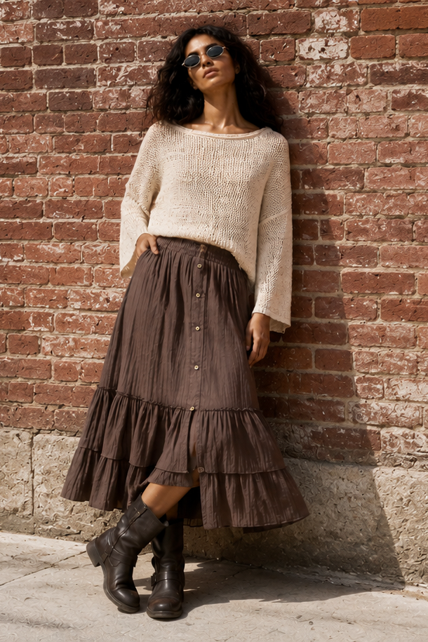 Tiered Button-Front Skirts: Brown