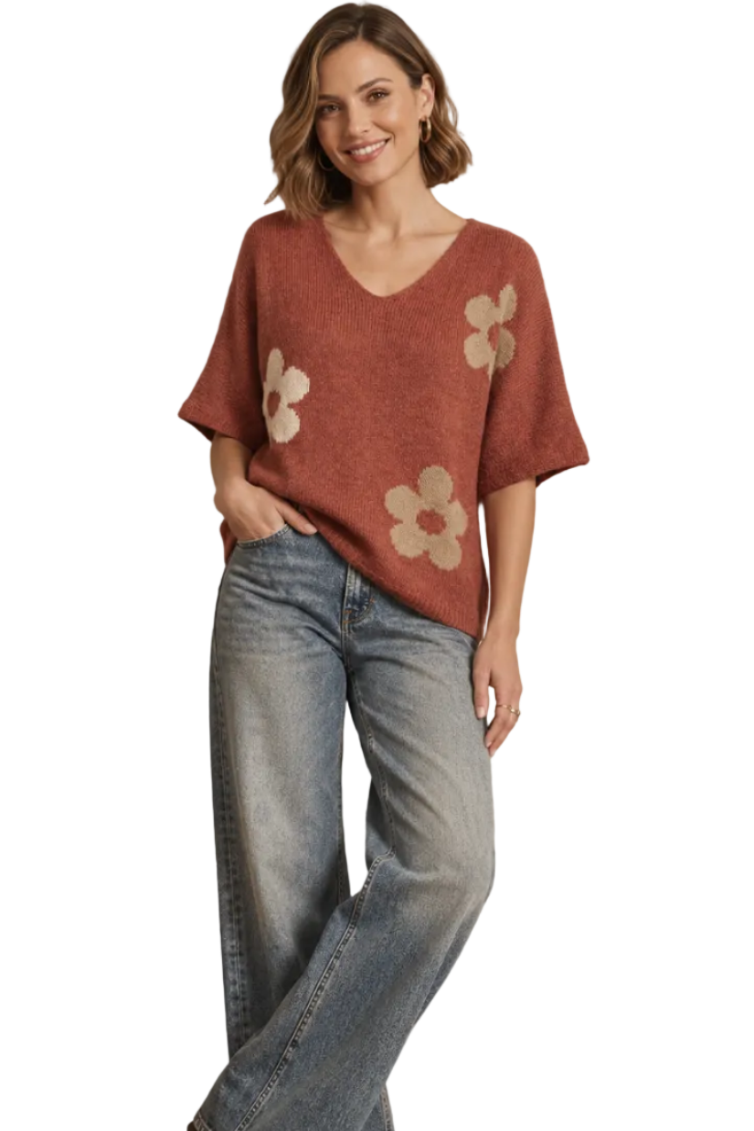 Flower Knit V Neck - Rust