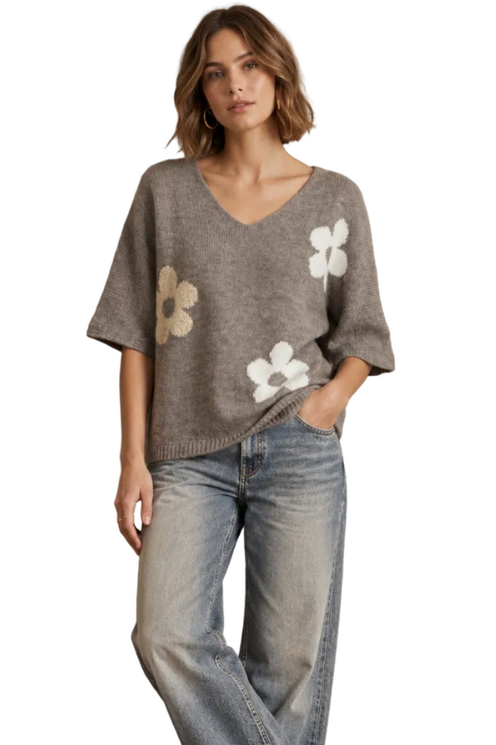 Flower Knit V Neck -Taupe