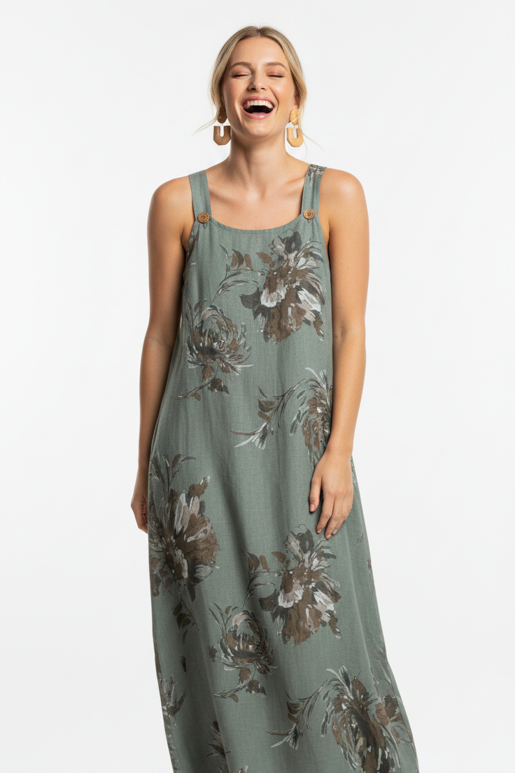 Floral Print Linen Maxi : Green