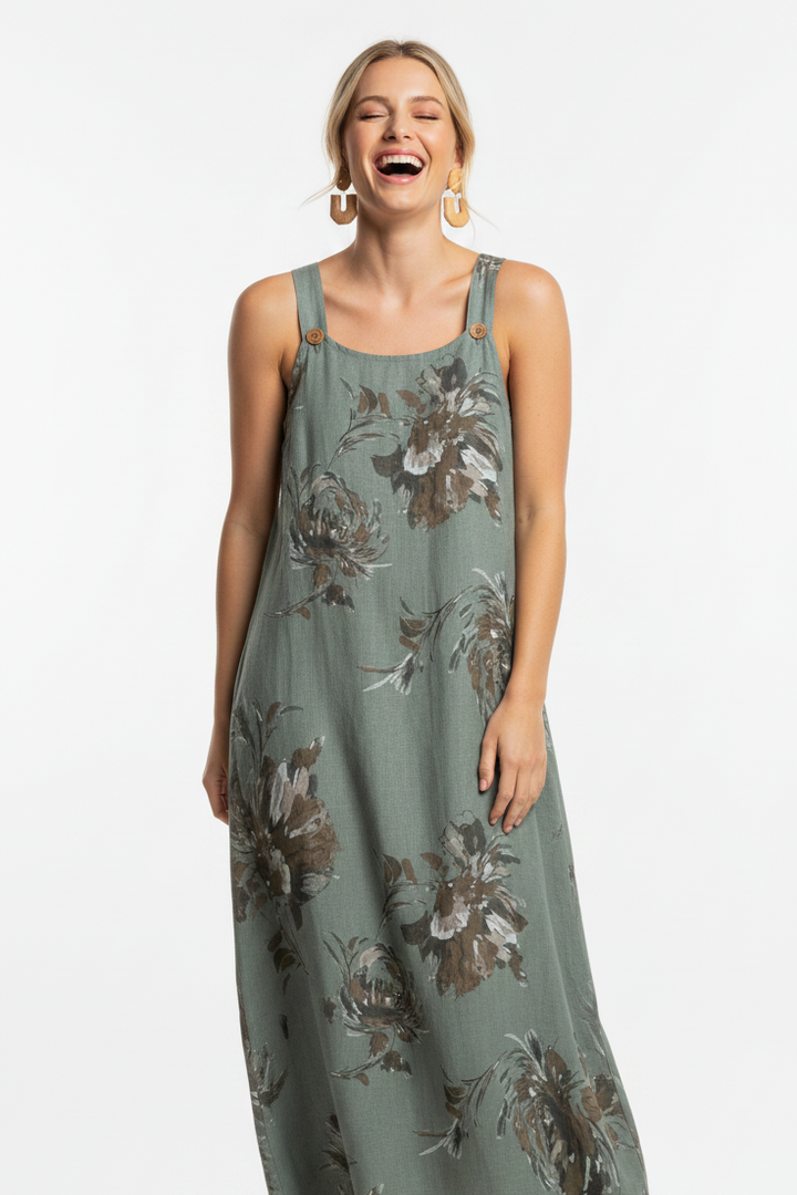 Floral Print Linen Maxi : Green